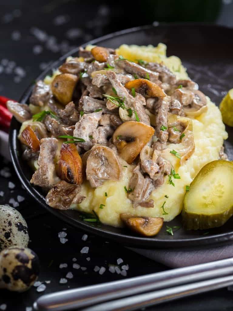 Meaty Mushroom Stew over Garlic Mashed Potatoes